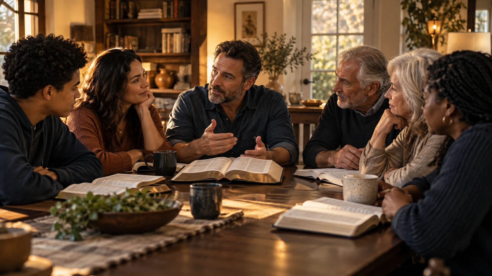 Illustration of a multigenerational Bible study in a home